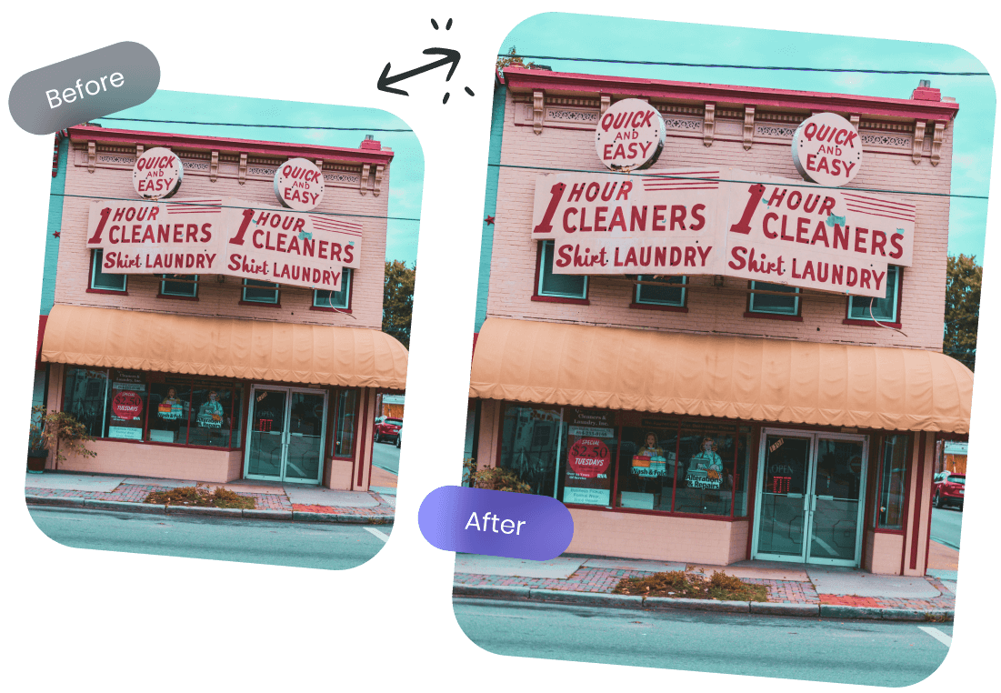 After Image, clear and sharp storefront of a dry cleaning service with visible text on the signs
